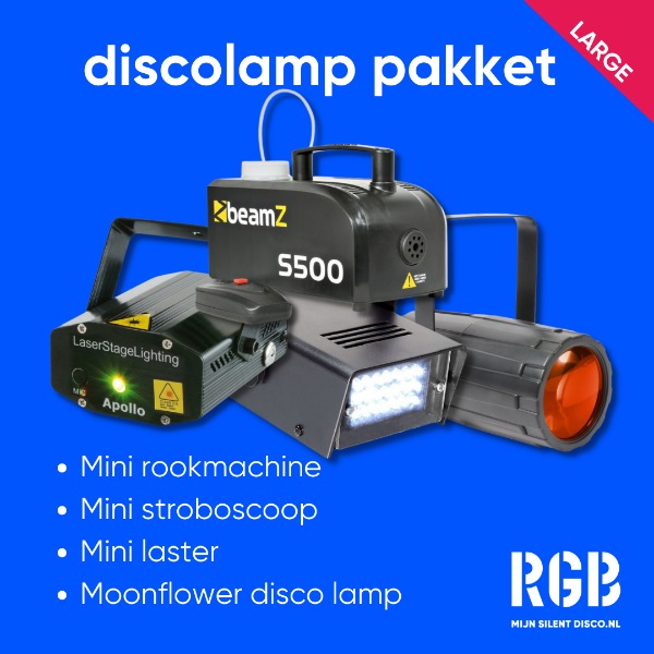 🕺 Discolamp-pakket large: Rookmachine + Laser + strobo + discolamp